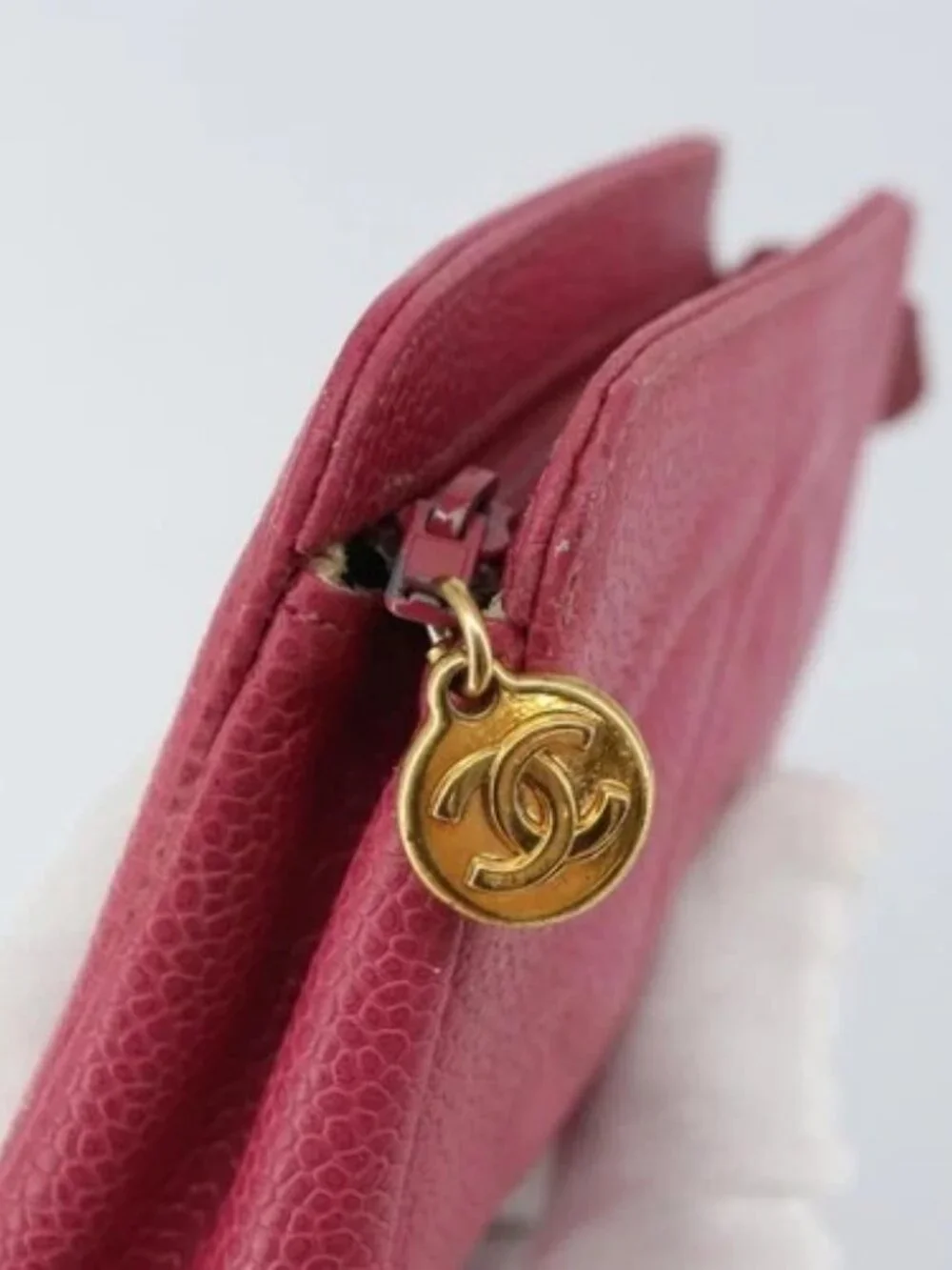 CHANEL COCO Mark Pouch Grained Calf Skin Pink Gold CC Auth 163727